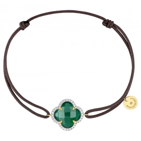 Morganne Bello Bracelet-BRACELET VICTORIA DIAMANT CORDON CHOCOLAT AGATE VERTE OR JAUNE