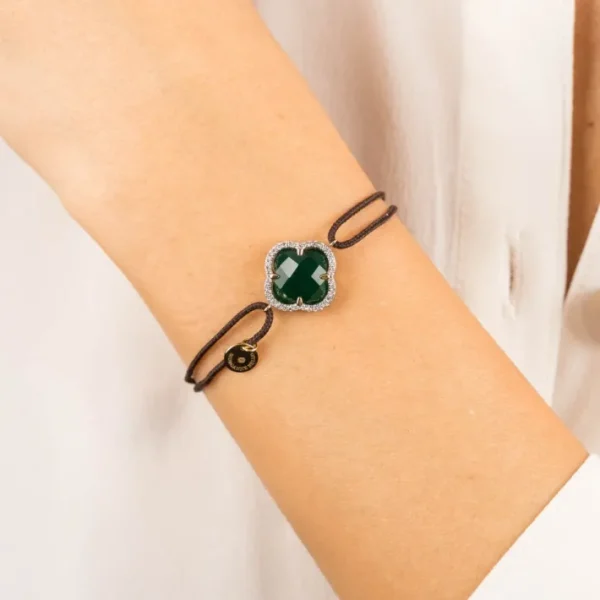 Morganne Bello Bracelet-BRACELET VICTORIA DIAMANT CORDON CHOCOLAT AGATE VERTE OR JAUNE